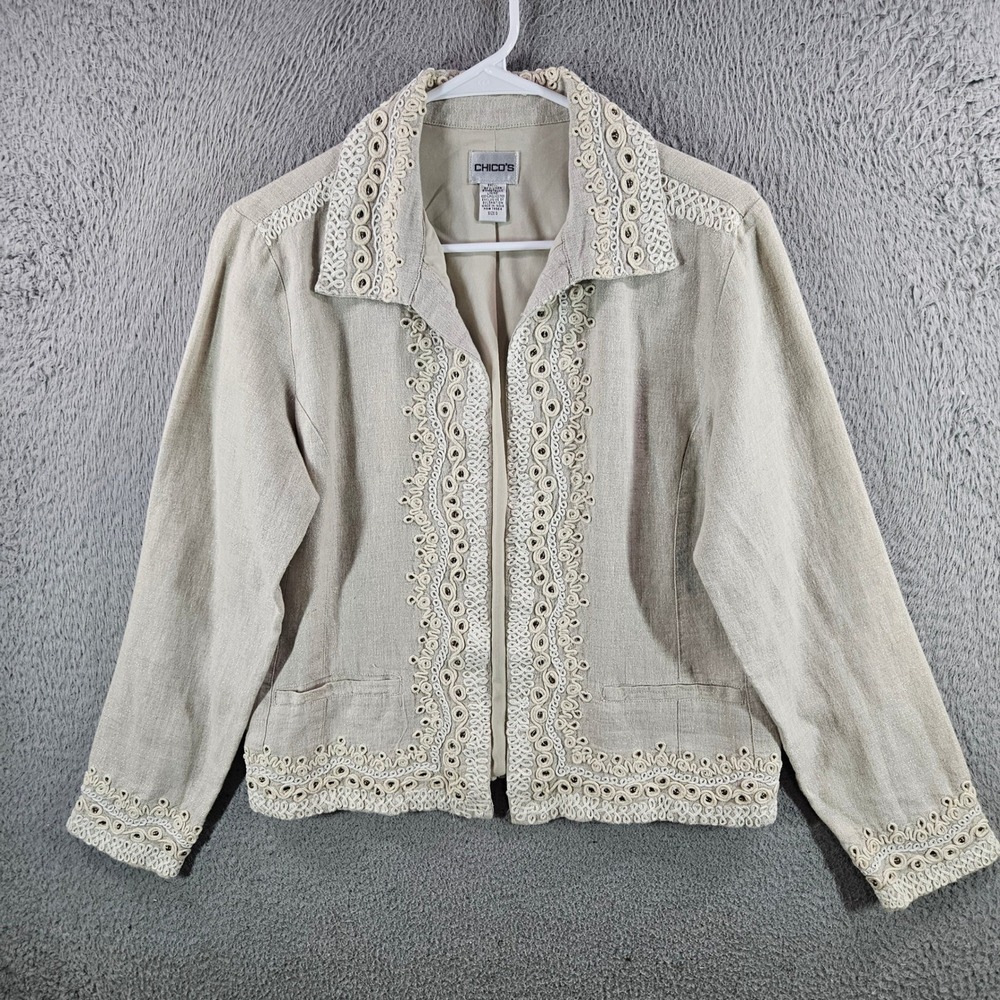 Chicos Linen Blend Metallic Embroidered Jacket‎ Beige Soutache Size 0 XS S